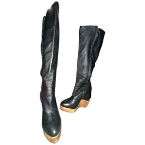 All Saints Black Leather Over-the-Knee Wedge Boots Women’s Size 39 (US 8-8.5)‎